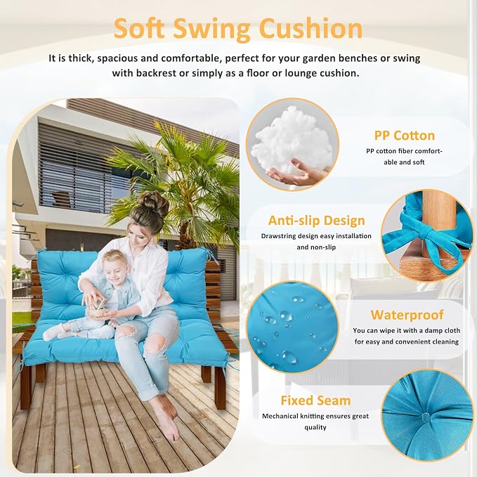 Swing Replacement Cushions for Outdoor: 2-3 Seater Waterproof Porch Bench Cushion with Backrest and Ties - 4" Thick Swing Cushion for Garden Patio Backyard Loveseat