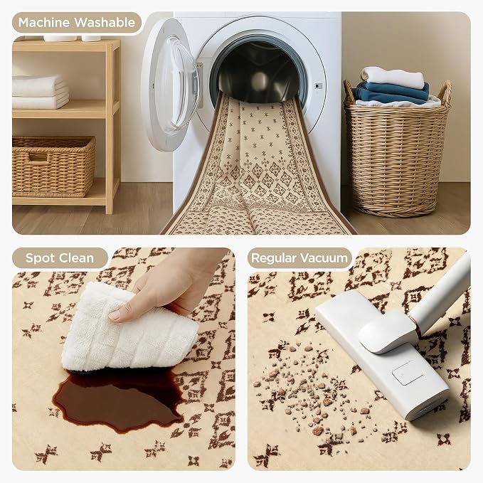 Joydeco Living Room Area Rug 6x9, Geometric Washable Rugs for Bedroom | Vintage Boho Non Slip Low Pile Soft Ultra Thin Distress Indoor Throw Floor Carpet for Dining Room Home Office Farmhouse Beige