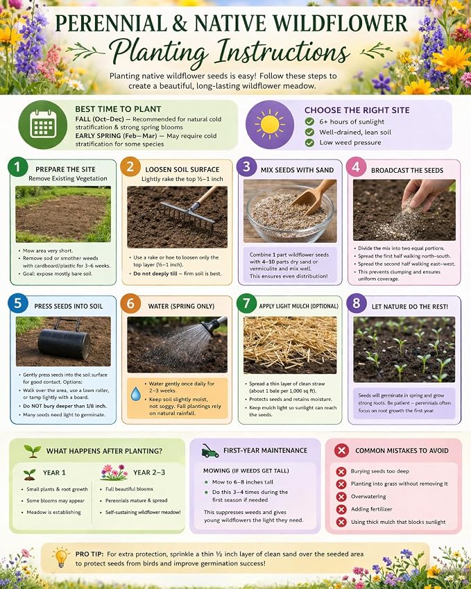 Wisconsin Bulk Perennial and Annual Wildflower Seed Mix 1/8lb Covers 250sq-ft - Attract Pollinators, Multi-Color Non-GMO Blooms - Midwest US Species Plant in Spring/Fall - Earth-Friendly (1/8 Pound)