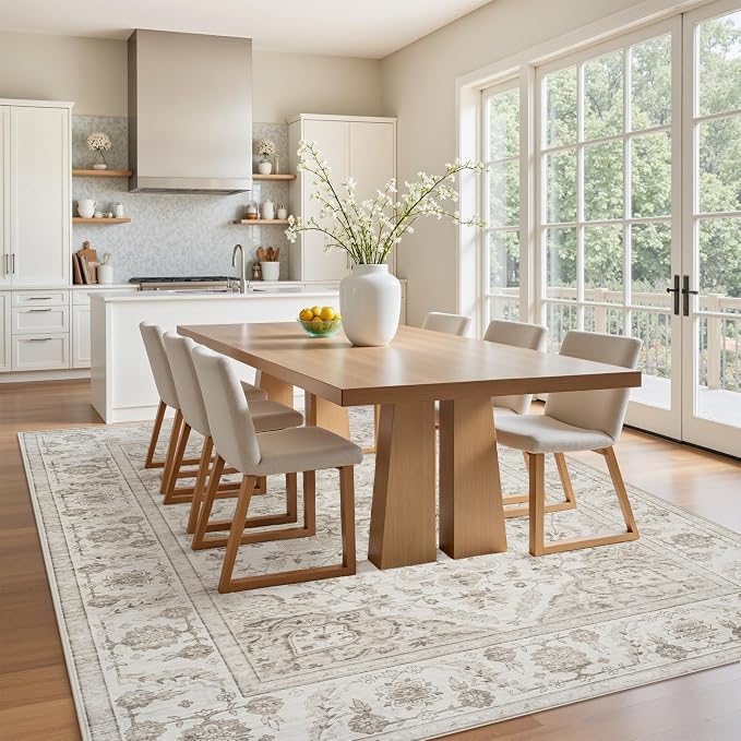 Washable 5x7 Area Rugs for Bedroom Beige White Non-Slip Rug | Vintage Medallion Rug，Soft Low Pile Large Rugs，Indoor Retro Carpet for Bedroom Nursery Dining Table Farmhouse Home Office