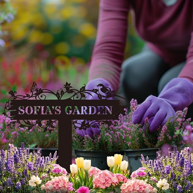 Personalized Garden Sign with Flower Design, Garden Stake with Bird, Custom Garden Gift, Flower Garden Decor, Custom Name Mother Gift