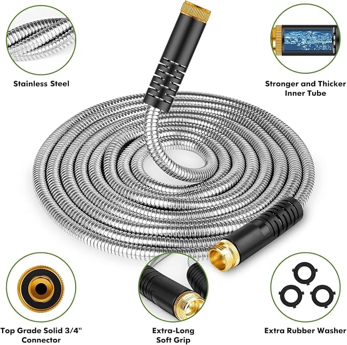 Unywarse Garden Hose 125ft, Stainless Steel Heavy Duty Water Hose with 10 Function Nozzle Flexible, Lightweight, No-Kink, Pet Proof, Puncture Proof Metal Hose for Yard, Outdoor