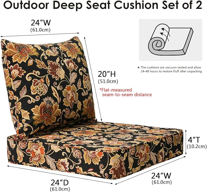 Unimatta Outdoor Patio Chair Cushions Set, 24" x 24", Set of 2, Water-Repellent, Fade Resistant, Deep Seat Bottom and Back Cushion for Backyard, Couch, Sofa and Patio Furniture, Red Yellow Vine Flower