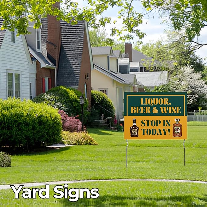 Liquor, Beer & Wine - Stop In Todday! Yard Sign by DC | 24"x18" Double Sided Conv. Store Garden Sign with 13” Metal Stakes | Outdoor Signs Waterproof for Lawn, Patio, Sidewalk & House | Set of 5