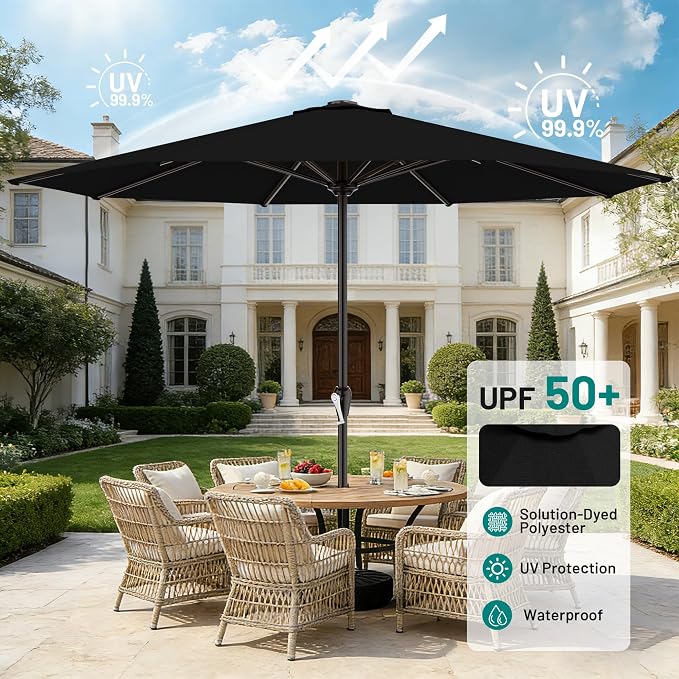 AreShark 12 FT Patio Umbrella for Outdoor, Outdoor Table Umbrella with Push Button Tilt and Crank, Outdoor Patio Umbrellas with 8 Sturdy Ribs, Patio Umbrellas for Market, Garden, Pool (Black)