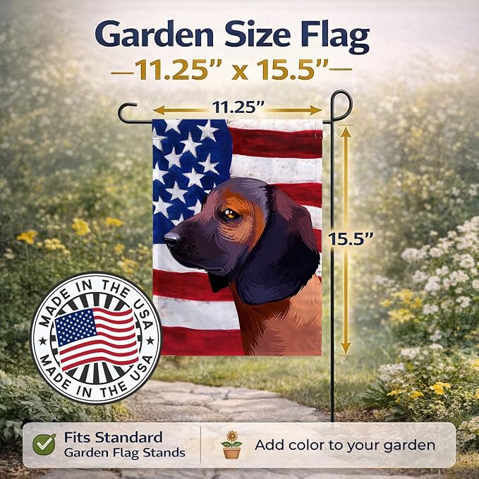Caroline's Treasures CK6420GF Bavarian Mountain Hound American Flag Garden Flag Mailbox Flag Decorative Yard Flag Banner Outside Patio Artwork Yard Flower Beds, Garden Size, Multicolor