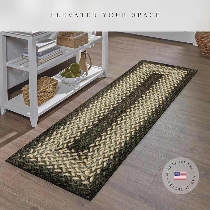 Maples Rugs Marion Bohemian Braided-Style Print Runner Rug – Made in USA – Washable, Non-Slip Indoor Runner for Hallway, Kitchen, and Laundry Room, 2' x 8', Black