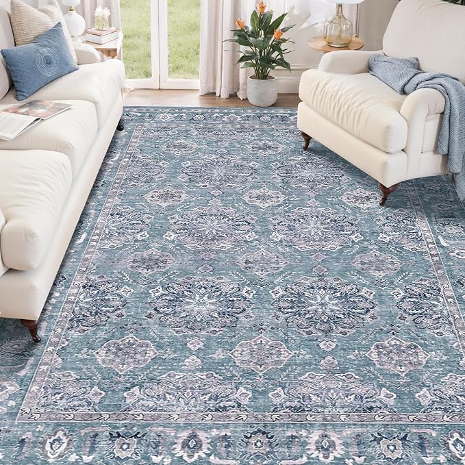 SERISSA 5x7 Washable Non Slip Floral Boho Area Rug for Living Room | Ultra Soft Vintage Floral Carpet Low-Pile Blue Grey Indoor Mat Throw Rug for Bedroom Dining Room Dorm Office Home Decor