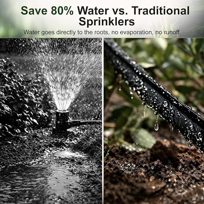 Flat Soaker Hose 50 ft 2-Pack with Splitter, 80% Water-Saving Drip Irrigation Hose 100 ft, Linkable DIY Garden Soaker Hose System for Garden Beds, Lawn, Vegetables & Trees (50ft 2-pack)