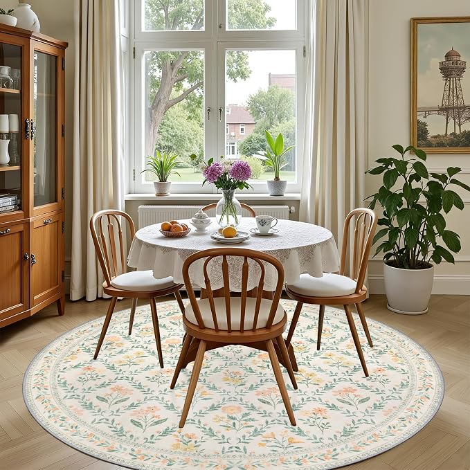 PLHXFR Round Area Rug Living Room: 4 ft Floral Washable Carpet Beige Multi | For Bedroom Dining Room Farmhouse Nursery Hallway,Vintage Floral,Machine washable,Non Slip,Stain Resistant,Large Indoor