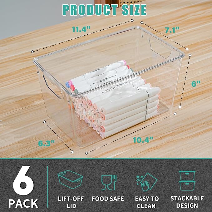 6 Pack Large Clear Storage Bins with Lids, Acrylic Arts and Craft Storage Containers, Stackable Clear Plastic Craft Storage Bins with Handles for Pantry Organizers and Storage, Kitchen, Fridge, Office