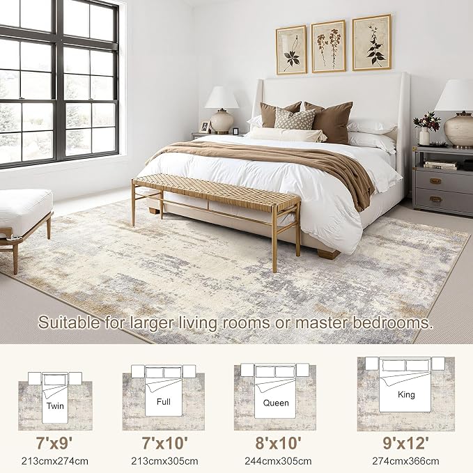 UERMEI 9x12 Area Rug Living Room Rugs - Washable Neutral Modern Abstract Soft Thin Rug Indoor Floor No Slip Rug Carpet for Bedroom Under Dining Table Home Office Decor - Light Brown/Gray