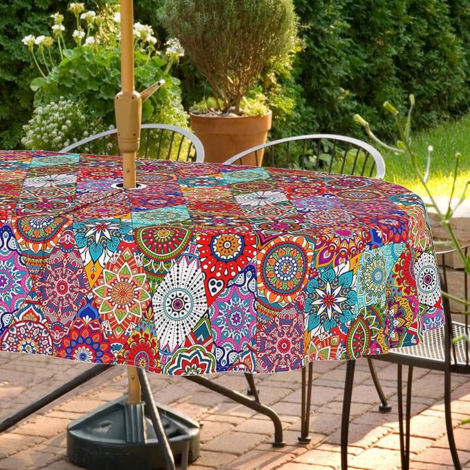 Outdoor Tablecloth with Umbrella Hole and Zipper, 60 x 84 Inch Vintage Oval Patio Table Covers for Spring/Summer, Machine Washable Picnic Table Cloth (Kaleidoscope, 60" × 84" Oval)
