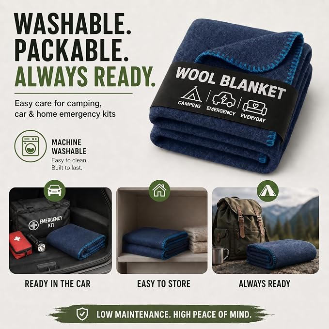 Wool Camping Blanket – 70% Wool Heavy-Duty Military Style Throw, Warm & Washable, Fire Retardant Cover for Emergency, Survival & Outdoor Use – Perfect for Camping, Car, Home & Hiking, Navy 62x84