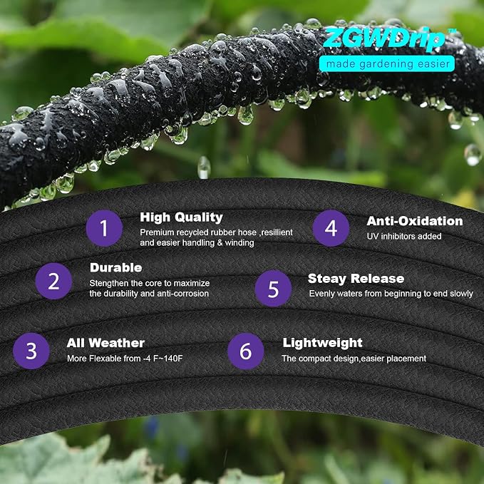 150FT 1/2" Water-Saving Soaker Hose with Solid Brass Connectors, Drip Irrigation Kit for Lawn & Landscaping with Metal Ground Stake & Accessory Kit