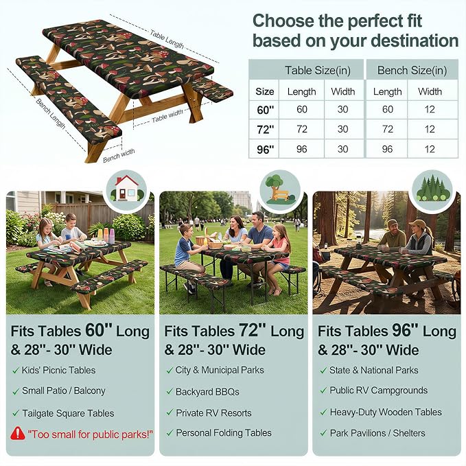 Picnic Table Cover with Bench Covers Camping Essentials Waterproof Windproof Camping Tablecloth with Drawstring Bag, Fitted Rectangle Tables and Seats, 96in, Black Red