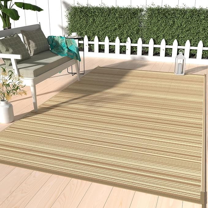GENIMO Outdoor Rug for Patio Clearance, 8'x10' Reversible Plastic Straw Rugs, Lightweight Waterproof RV Camping Mat for Camper, Balcony, Deck, Backyard, Picnic, CoffeeBeige