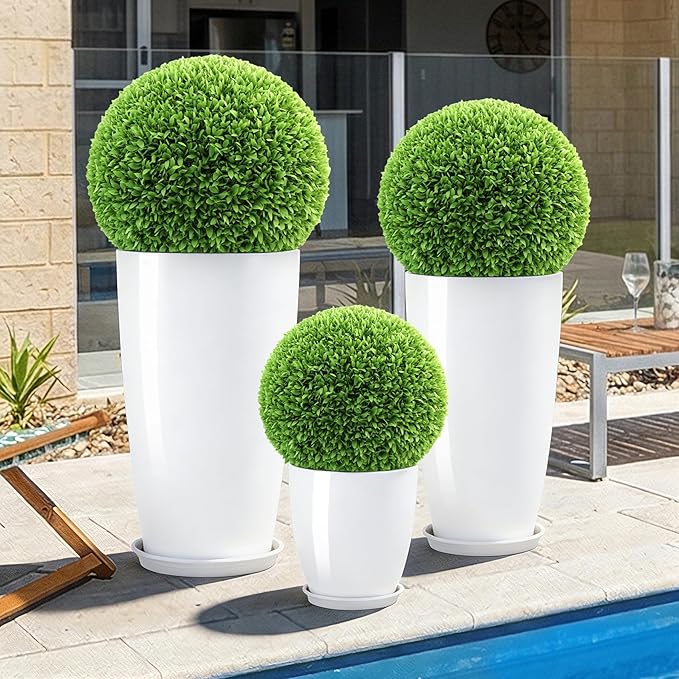 24-21-11 Inch Tall Planters Set of 3, Indoor Outdoor White Round Planter with Drainage Hole and Saucer, Large Decorative Plant Pots for Home Garden Porch (White)