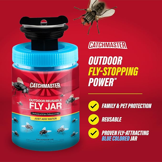 Catchmaster Reusable Outdoor Fly Trap, 3 Hanging Blue Jars with Bait | Catches All Species of Fly, Fly Traps Outdoor w/ Food Based Lure, Odor Attracts Flies Away From People, Refill & Reuse