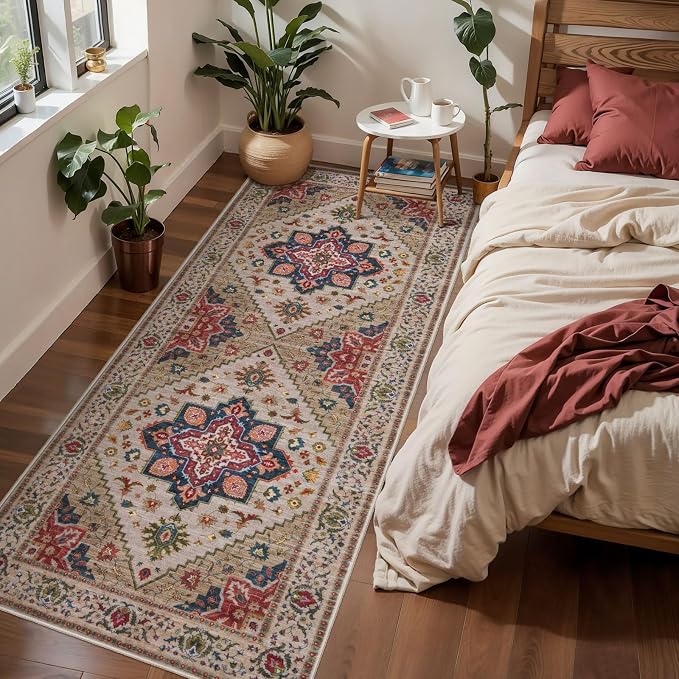 Tangsoo Vintage 2x6 Washable Runner Rug for Hallways, Non Slip Rug Runners | Oriental Soft Low Pile Rug, Boho Print Carpet Farmhouse Hallway Runner for Kitchen Bedroom Entryway Bathroom Beige/Red