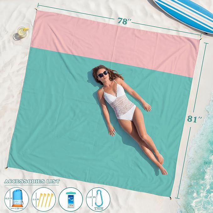 Famstar Beach Blanket Oversized Extra Large 78"X81"/10'X9',Waterproof Sandproof Beach Blanket 2-8 Adults Lightweight Durable for Travel Camping Hiking Picnic