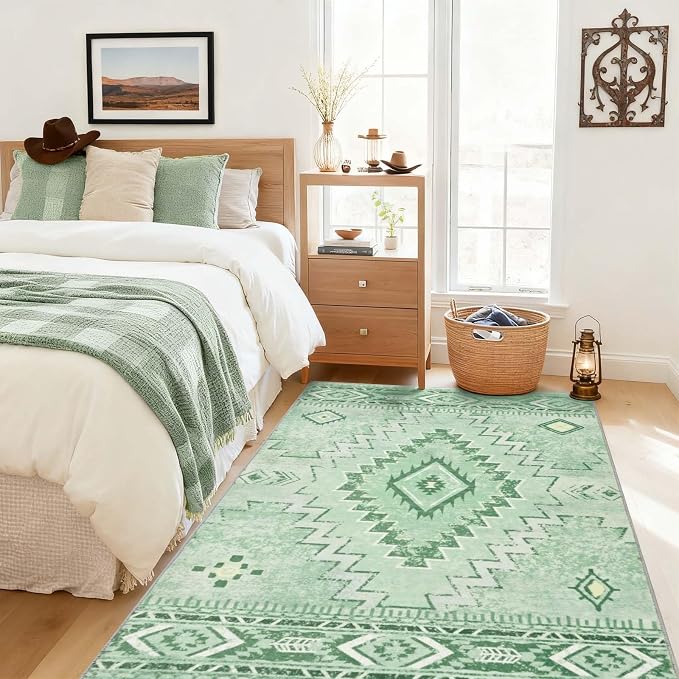 Yinhua Sage Green Entryway Rug 3x5, Western Washable Area Rug Non Slip | Navajo Geometric Rugs Low Pile, Non Shedding Small Carpet for Bedroom Entrance Living Room