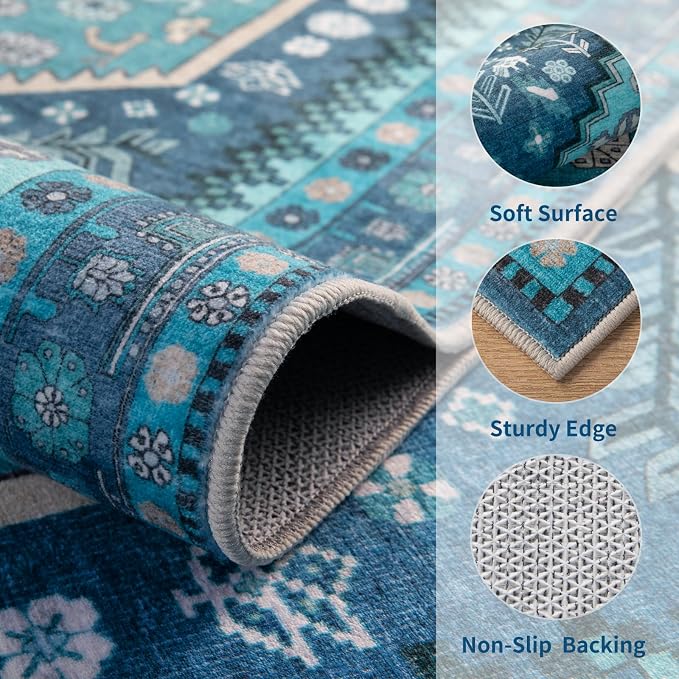 Ciicool Long Washable Runners Area Rug for Hallways,Ultra Soft 2x8ft Carpet | Oriental Non-Slip Teal Indoor Mat Vintage Entry Rugs for Kitchen Entryway Bedroom Bedside Living Room Laundry Bathroom Decor