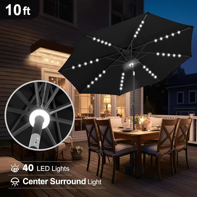 FLAME&SHADE 10 FT Solar Light Patio Umbrella, 40 LED lights outdoor umbrella with Centre Surround Light, Table Market Umbrella for Deck, Pool, Porch, Backyard, Garden, UV Protection, Black
