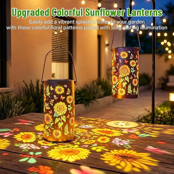 2 Pack Upgraded Colorful Sunflower Solar Lanterns Outdoor Waterproof, Decorative Metal Hanging Solar Lantern for Patio Porch Courtyard Tabletop Pathway Garden Decor, Ideal Gifts for Mom Wife Grandma