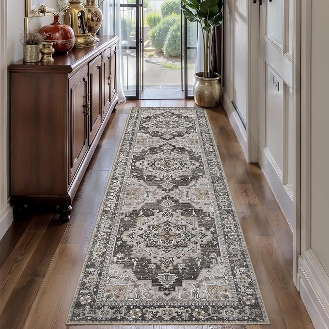 Tangsoo Vintage 2.6x8 Washable Hallway Runner Rugs,Boho Non Slip Rug Runner | Oriental Soft Low Pile Long Runner Rug, Farmhouse Carpet Runners for Kitchen Bedroom Entryway Bathroom Grey Taupe Home Decor