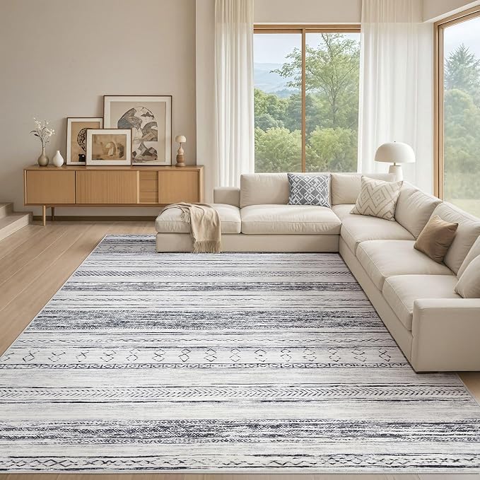 Tortania Area Rug Living Room Rugs - 12x15 Washable Large Soft Neutral Boho Moroccan Bohemian Farmhouse Rug Indoor Floor Carpet for Bedroom Under Dining Table Home Office Decor - Grey