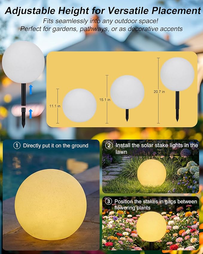12 Inch Solar Ball Light, Solar Rechargeable Globe Light,3 Modes Dimmable Globe Light,Decor for Patio,Garden,Yard,Beach,Pathway,Party Decorative Lighting