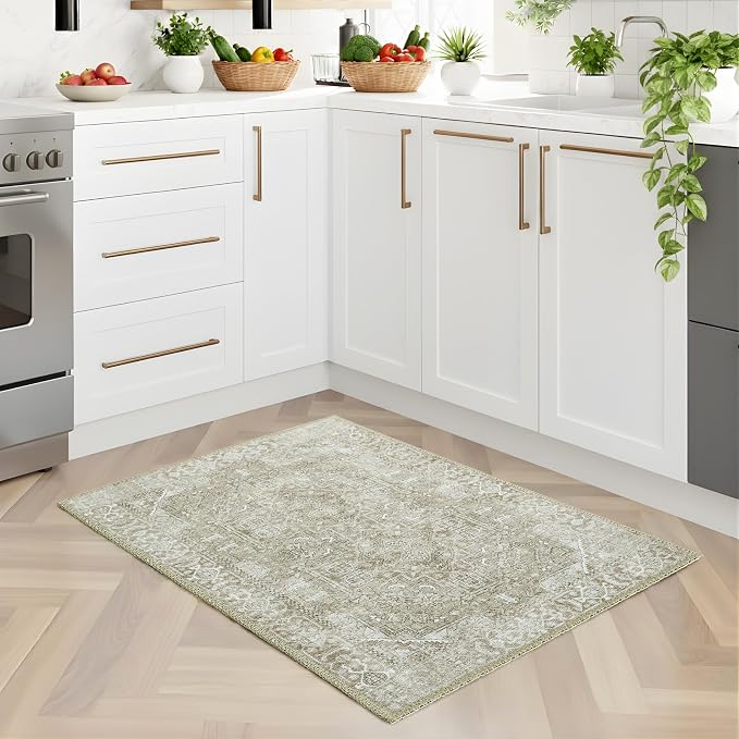 Sacred Artisans Farmhouse 2x3 Rug for Entryway, Kitchen, Bathroom and Indoor Entrance | Washable, Non Slip, Pet Friendly and Low Pile (Stone, 2' x 3')