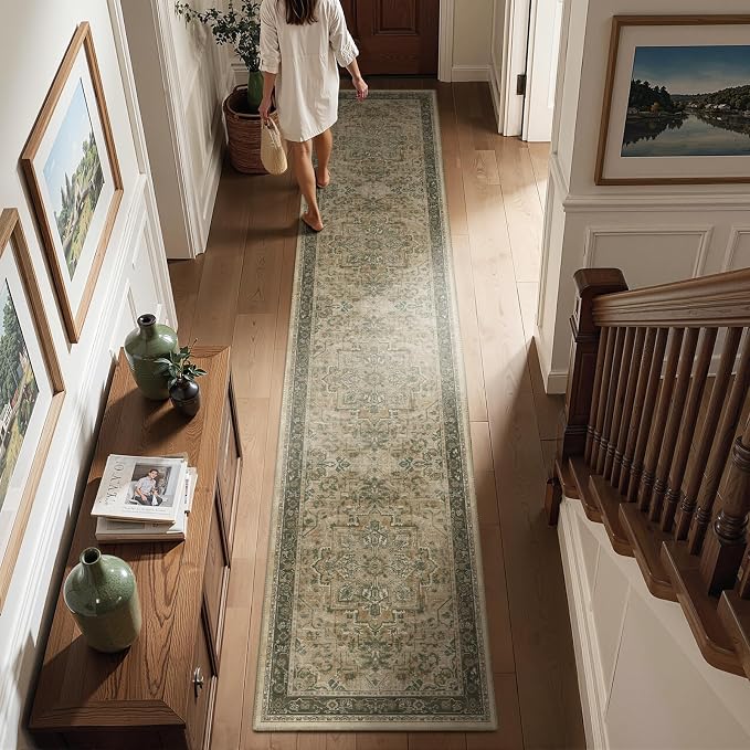 Washable Runner Rug 2x10 for Hallways, Retro Distressed Moody Medallion Long Carpet Runner for Entryway Mudroom, Low Pile Thin Soft Kitchen Bathroom Runner Rug Non Slip, Multi Brown/Green