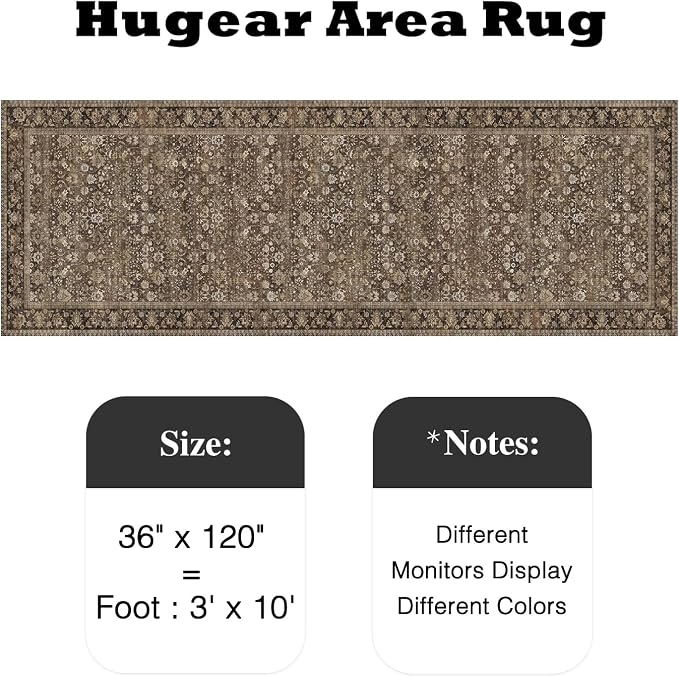 HUGEAR 3x10 Runner Rug Machine Washable Brown Hallway Area Rug Indoor Accent Rug Floral Low Pile Carpet Soft Throw Rug Bedroom Living Room Office Dining Room Kitchen Laundry Room Non Slip