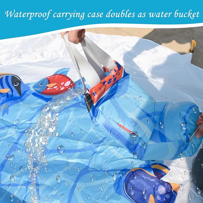 Dia 6.6Ft Baby Beach Pool, 2 in 1 Portable Round Kids Beach Play Pool Puddle Toddler Beach Blanket and Kiddie Pools Blue Cartoon Childs Sand Pit Paddling Pools with Water Bag for Boy Girl Outdoors