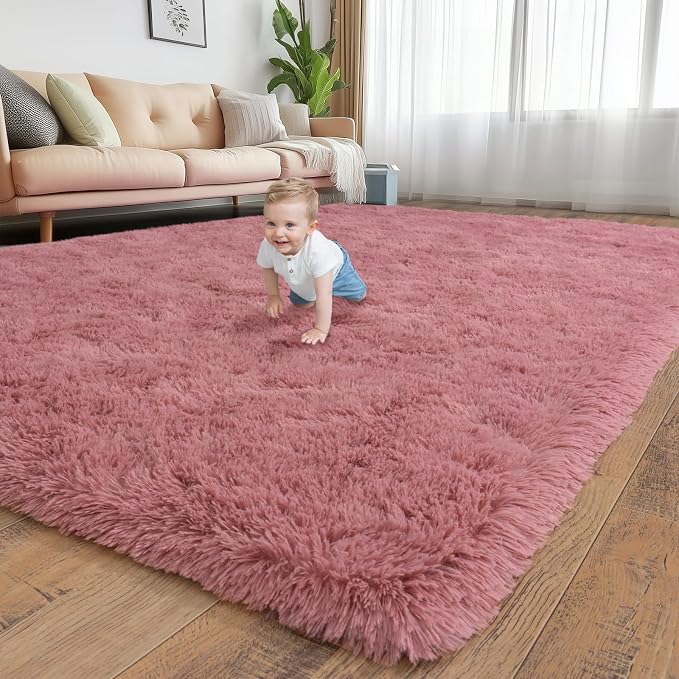 Soft Shag Rugs for Girls Bedroom, Fluffy Washable 4x6 Blush Pink | Upgrade Non-slip, 4 x 6 Shaggy Rugs for Living Room, High Pile Fuzzy Plush Carpet Kids Room Dorm, Flame Resistant