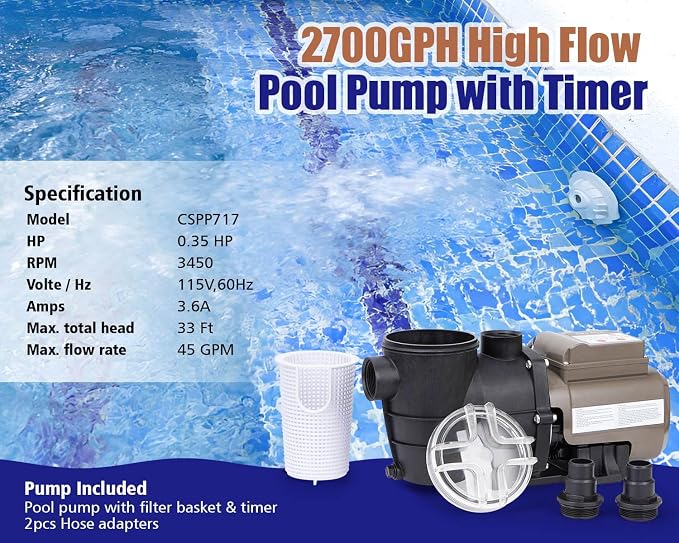 CIPU Pool Pump with Timer 2700GPH 115V Powerful Self Priming Above Ground Swimming Pool Pump 0.35HP with Filter Basket Low Noise for Pools Hot Tub Spa Water Circulation