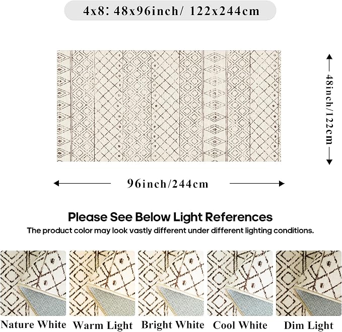 4x8 Geometric Beige Hallway Runner Rug: Moroccan Machine Washable Runner | Non Slip Low Pile Soft Pets Friendly Rugs - Indoor Carpet for Kitchen Bedroom Entryway Laundry