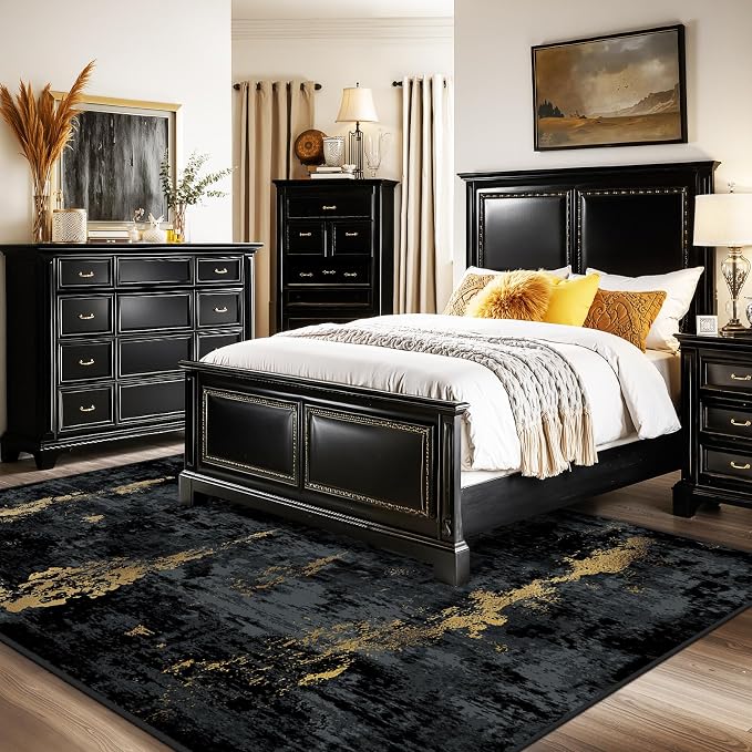 RELEANY Washable 10'x14' Abstract Area Rug for Living Room Black Gold | Carpet for Bedroom, Kitchen, Office, Hallway and Entryway, Printed Pattern, Non‑Slip, Soft, Stain‑Resistant, Easy to Clean