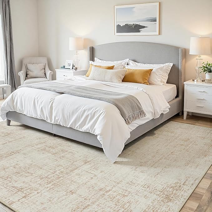 5x8 Washable Area Rug for Living Room Bedroom: Non-Slip Modern Beige White | Machine Washable TPR Backing, Stain-Resistant Low Pile, Pet & Kid Friendly, Abstract Decor for Dining Room, Dorm, Home Office