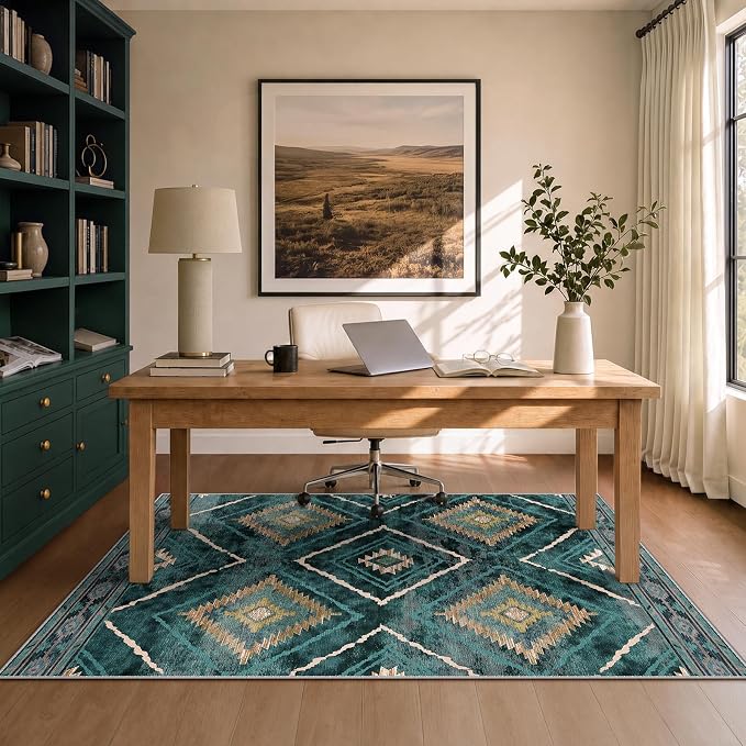 3'x5' Washable Area Rug for Living Room Bedroom Teal/Green | Soft Western No Slip Low Pile Print Foldable Indoor for Kitchen Dining Room