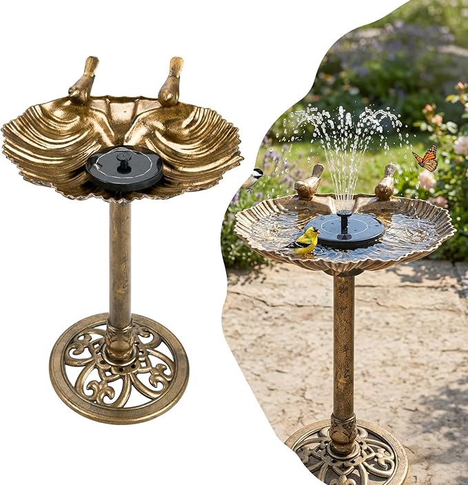 VINGLI Pedestal Bird Bath with Solar Fountain, Solar Pump Resin Birdbaths, Weather Resistant Bird Baths with Ground Stakes, Vintage Finish Garden Decor for Outdoor, Patio, Yard, Lawn (Copper Shell)