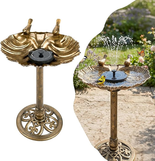 VINGLI Pedestal Bird Bath with Solar Fountain, Solar Pump Resin Birdbaths, Weather Resistant Bird Baths with Ground Stakes, Vintage Finish Garden Decor for Outdoor, Patio, Yard, Lawn (Copper Shell)