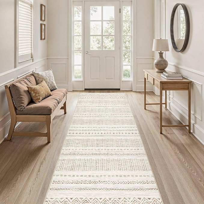 cotiled Hallway 3x8 Runner Rugs Washable Boho Moroccan Soft Rug | Non-Slip Stain Resistan Carpet for Entryway Kitchen Laundry Brown Cream