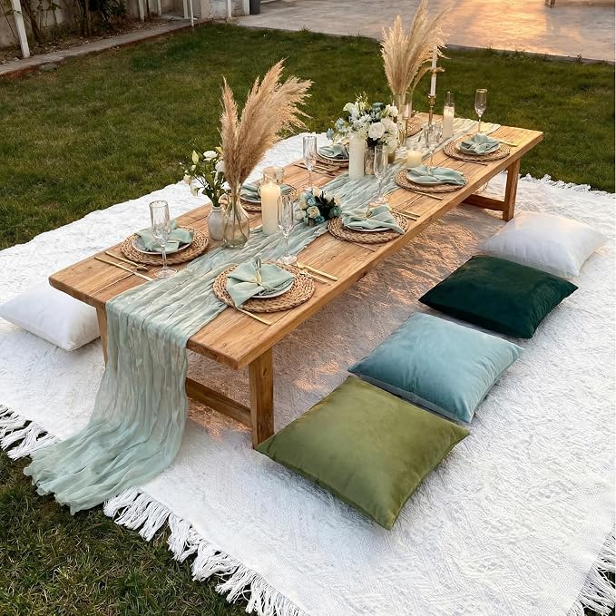 Moukeren 10 Pcs 71''x102'' Extra Large White Outdoor Boho Picnic Blanket with Table Runner and 8 Throw Pillow Covers Oversized Washable Portable Beach Blanket for Picnic Camp Lawn Wedding