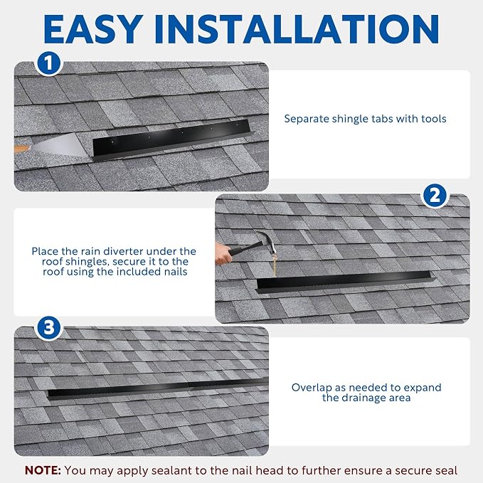 2 pcs Rain Diverter for Roof, Stainless Steel Roof Rain Diverter, 3.2ft Rain Gutter Diverter for Shingles Roofing, Roof Chimneys, Doorways, Windows and Roof Vents (Black)