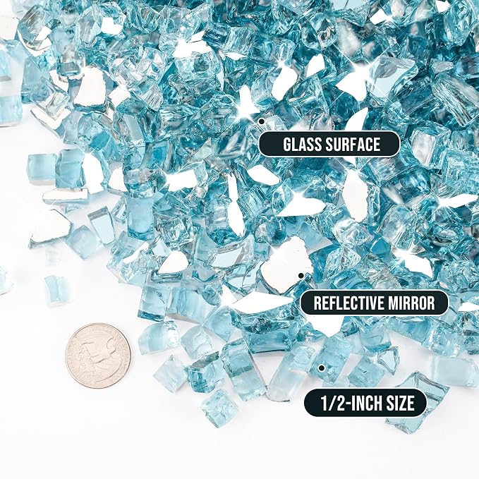 Skyflame 10-Pound Fire Glass for Fireplace Fire Pit and Landscaping, 1/2-Inch Aqua Blue Reflective