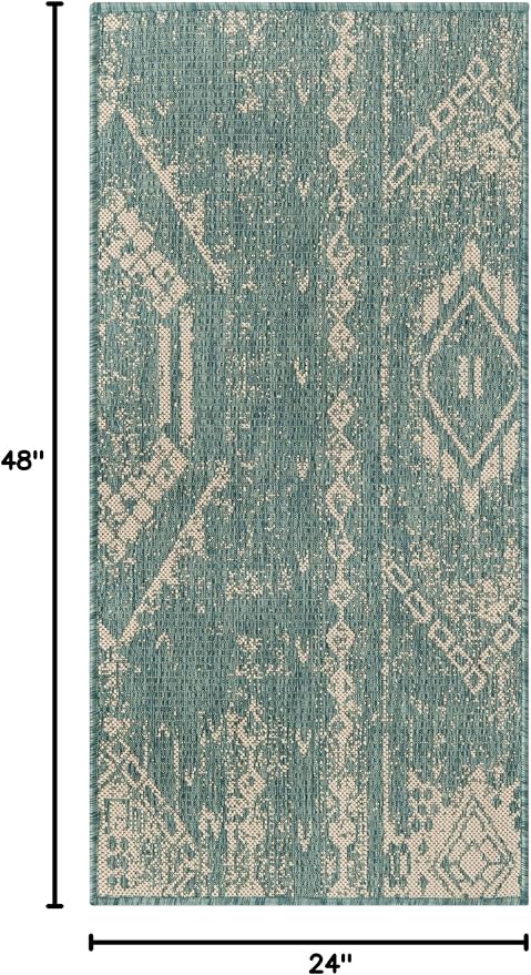 Unique Loom Outdoor Bohemian Collection Area Rug - Anthro (2' x 4' Runner Light Aqua/Ivory) (Pack of 2)