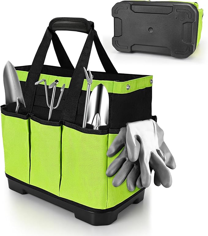 Garden Tool Bag with Waterproof Plastic Base, Heavy Duty Oxford Garden Tote Caddy with 8 Pockets, Standable Home Tool Kits Organizer for women and men (Tools are not included)